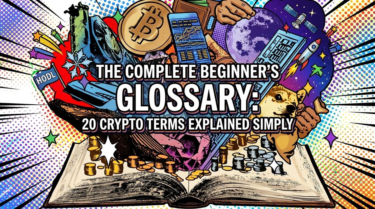 Open book surrounded by crypto symbols and icons representing a beginner's glossary of terms