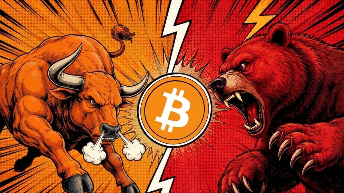 Bull and bear facing off on either side of a Bitcoin coin representing market cycles