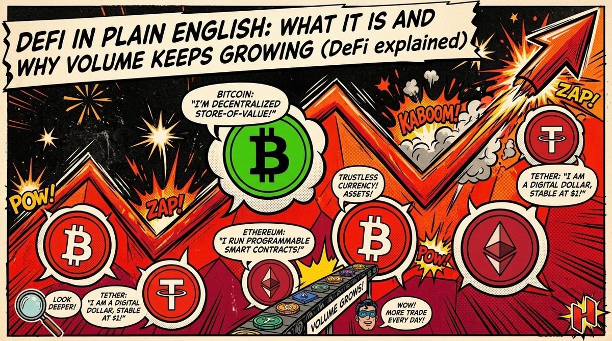 Bitcoin and Ethereum characters explaining decentralized finance concepts with rising volume chart
