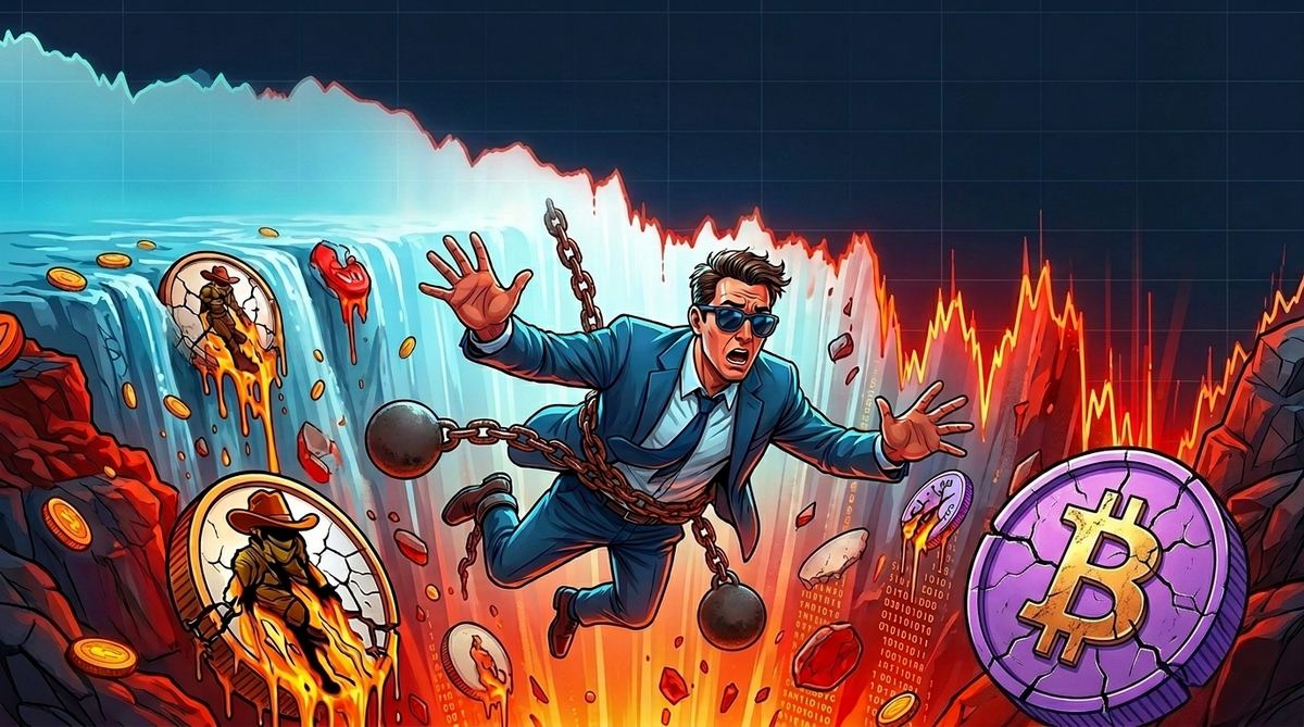 Trader in chains falling through a waterfall of crashing red price charts