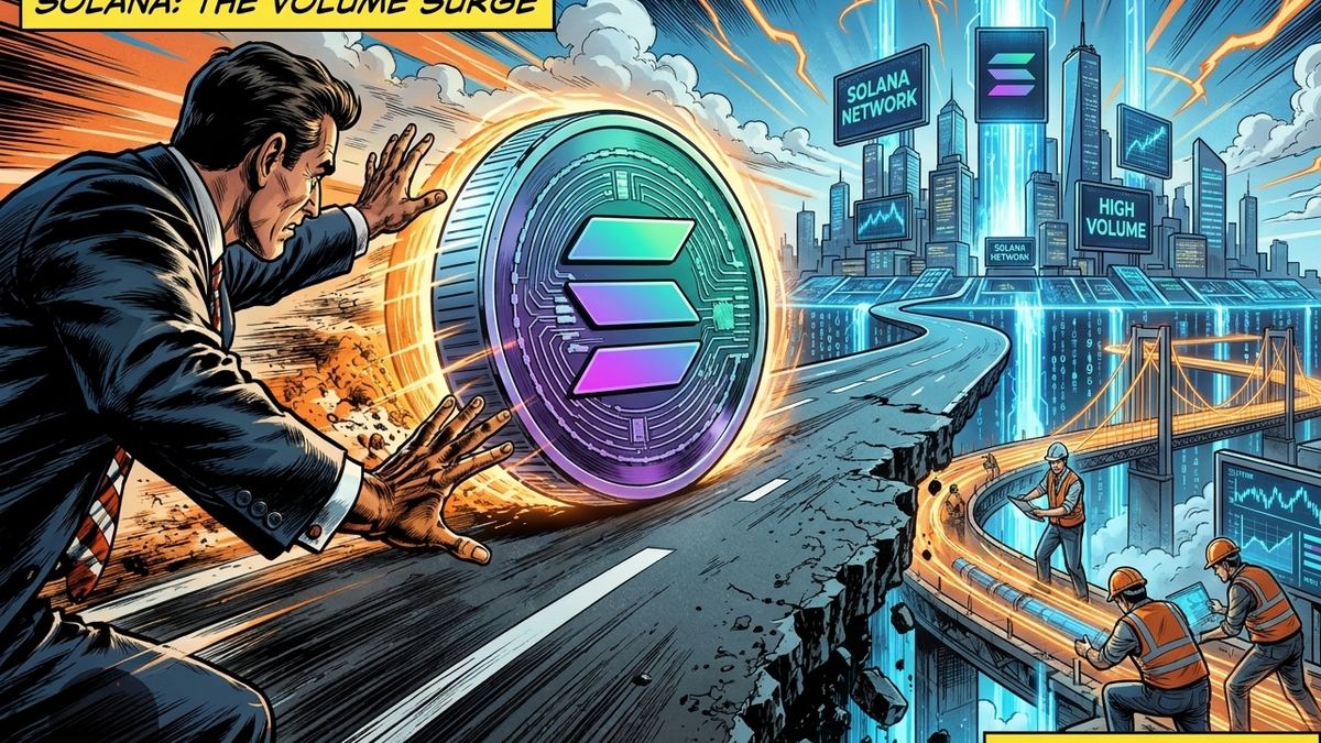 Solana coin icon breaking through a digital city skyline representing high network activity